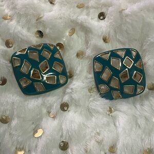 70’s Retro Teal and Gold Geometric Earrings